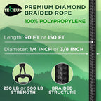 TECEUM Rope – 150 Feet x 1/4 Inch (7mm) – Black – Strong All-Purpose Utility Rope – Camping, Crafting, Flag Pole, Indoor & Outdoor – Polypropylene Nylon Poly Lightweight Diamond Braided Cord