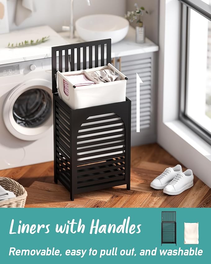 Laundry Hamper, 22.5 Gallon (85L) Bamboo Wood Clothes Laundry Basket with Lid and Handles, Removable Liner (Black, Large)