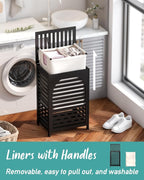 Laundry Hamper, 22.5 Gallon (85L) Bamboo Wood Clothes Laundry Basket with Lid and Handles, Removable Liner (Black, Large)
