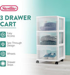 Sterilite 8 Pack Plastic Storage Organizer, 3 Drawer Rolling Bin Cart, Closet Organization, White
