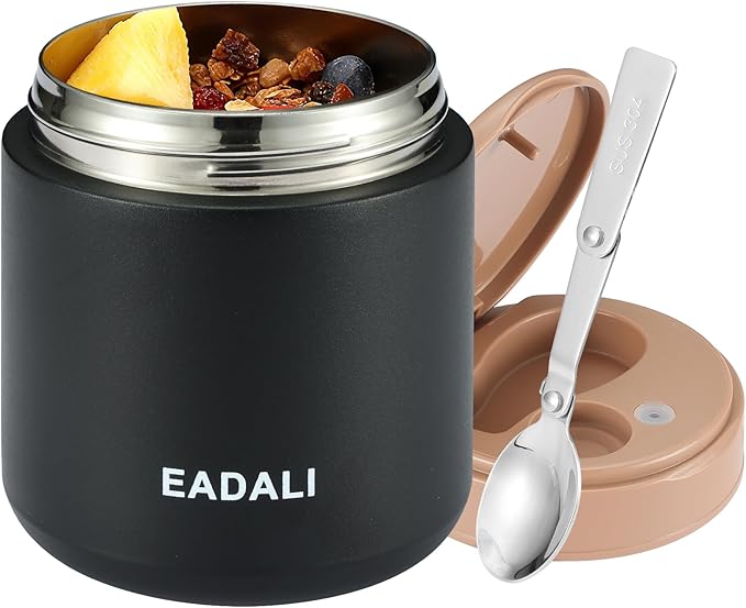 Eadali 15.2oz Kids Food Jar for Hot Food – Vacuum Insulated Lunch Container with 316 Stainless Steel Interior, Leakproof Wide Mouth & Foldable Spoon for School Meals