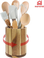 Marsrut Acacia Wood Utensil Holder 360°Rotating 7.3'' Large Wooden Spoon & Cooking Tool Caddy for Kitchen Countertop Crocks Organizer, Brown Rustic Farmhouse Decor, Modern Flatware Storage Essential