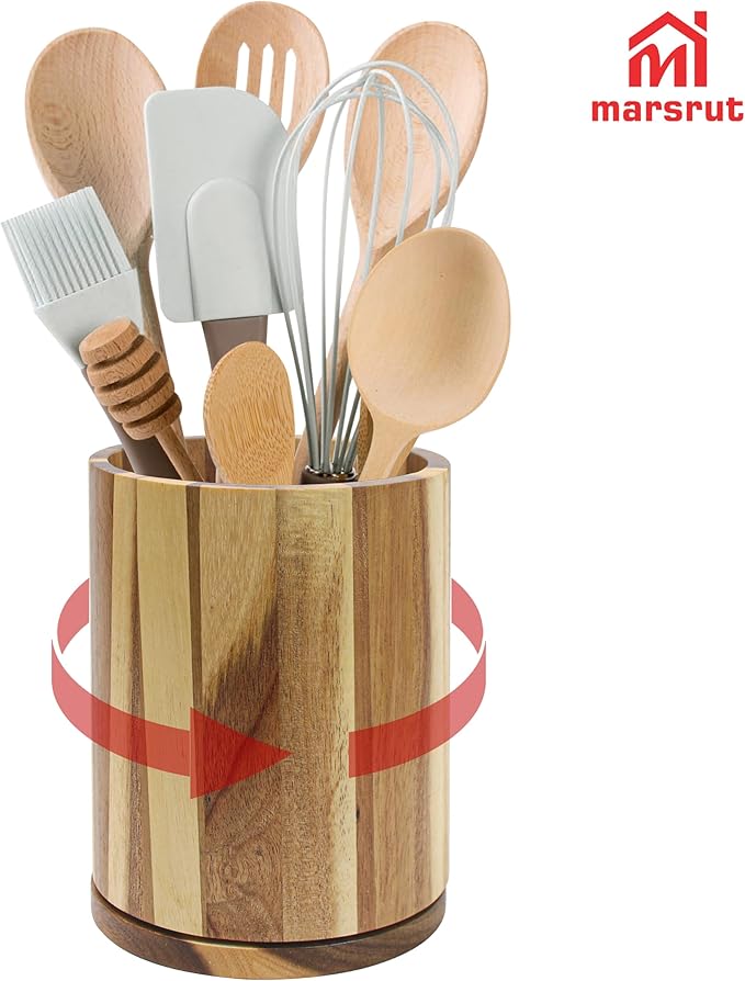 Marsrut Acacia Wood Utensil Holder 360°Rotating 7.3'' Large Wooden Spoon & Cooking Tool Caddy for Kitchen Countertop Crocks Organizer, Brown Rustic Farmhouse Decor, Modern Flatware Storage Essential