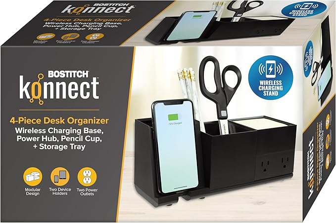 Bostitch Konnect Qi Certified Wireless Charging Desk Accessory Kit with Pencil Cups