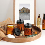Amber Glass Qtip Holder, Apothecary Jar,Qtip Dispenser with Metal Lid & Stickers- 3Pack Containers,Vanity Canister Organizer Storage,Bathroom Accessories Set for Cotton Swab, Ball, Pad, Floss