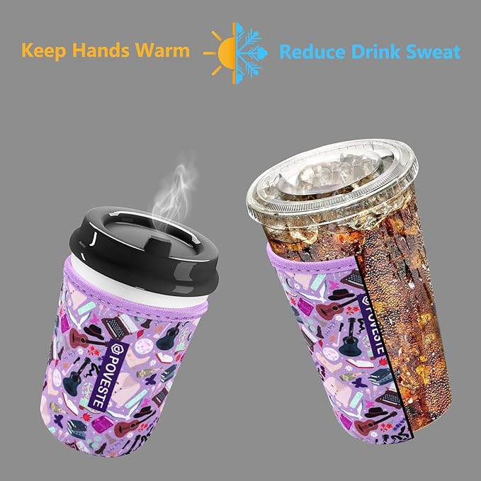 Reusable Neoprene Insulator Sleeve for Iced Coffee & Cold Soda, Coffee Sleeves for Iced & Hot Drinks, Cold Beverage Cooler Compatible with Starbucks, Dunkin (On Tour Purple, Medium: 22-24oz)