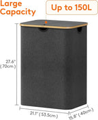 Lifewit 150L Laundry Basket with Lid, Clothes Hampers for Laundry with Bamboo Handles and 2 Removable Bag, Large Foldable Laundry Hamper for Bedroom, Bathroom, Dorm, Laundry Room, Dark Gray