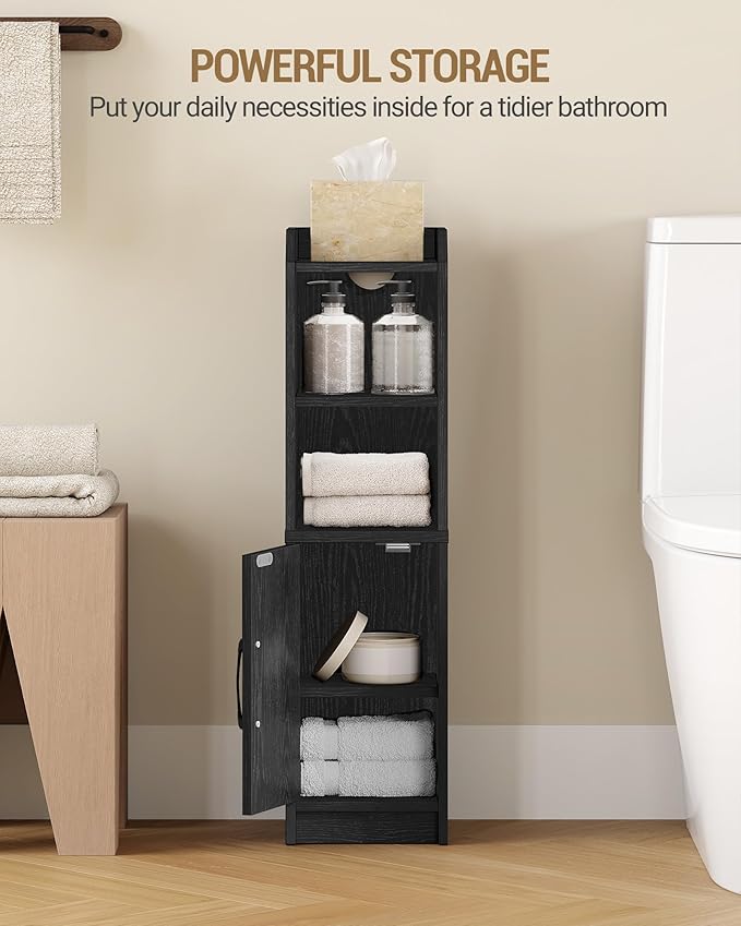 Bathroom Storage Cabinet, Small Farmhouse Corner Floor Cabinet with Door and Shelves, Narrow Toilet Paper Holder Stand, Bathroom Organizer with Adjustable Shelf, for Small Spaces, Black