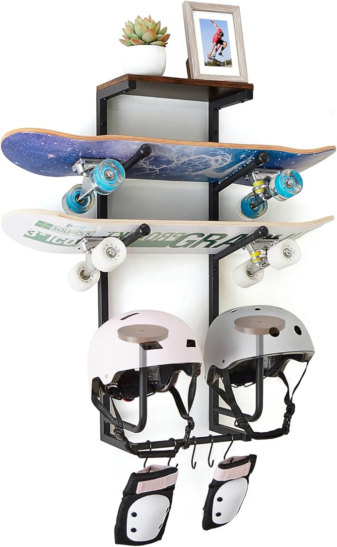 Skateboard Wall Mount Rack - Display Shelf & Hanger for Longboard, Snowboard, Boards with 2 Wooden Helmet Stands & 5 Gear Hooks (Black)