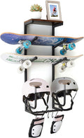 Skateboard Wall Mount Rack - Display Shelf & Hanger for Longboard, Snowboard, Boards with 2 Wooden Helmet Stands & 5 Gear Hooks (Black)