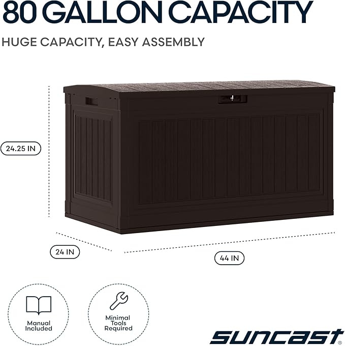 Suncast 80-Gal. Resin Large Outdoor Patio Deck Box with Pad-Lockable Lid, Modern Outdoor Patio Bench/Storage Box for Cushions, Garden Tools, and More, Java