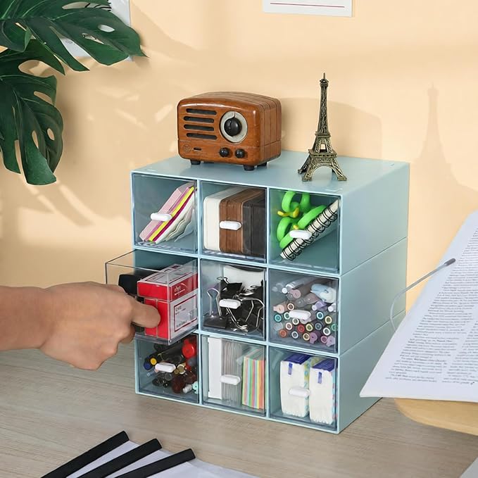 Desktop Drawers, Desk Organizer with 9 Drawers, Stackable Plastic Storage Box for Home Collection, Cosmetics, Jewelry, Office Supplies (3 Tiers, Blue)