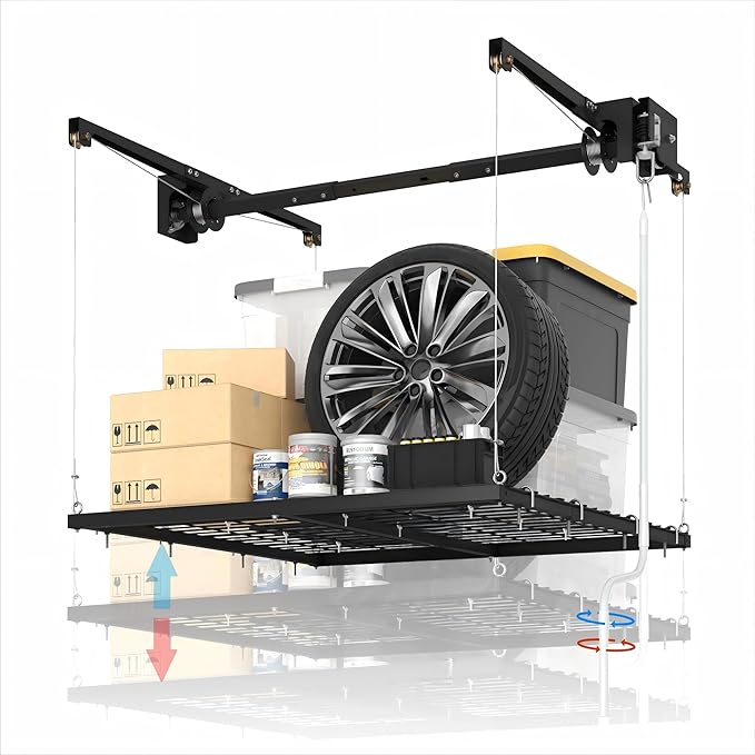 Overhead Garage Storage Rack Lift, 4x4 ft Ceiling Mounted Storage Racks, 79" Max Adjustable Height, 350lbs Weight Capacity, Heavy-Duty Metal Ceiling Rack for Organization