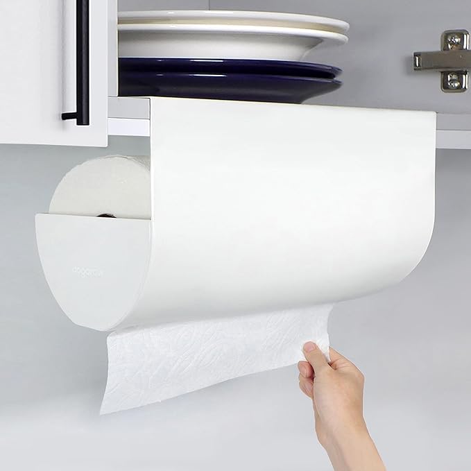 Paper Towel Holder - Under Cabinet, No-Drill Self-Adhesive Hanging Rack, Easy Tear, Space-Saving Sleek Metal Kitchen Roll Dispenser, Wall-Mount Look, Kitchen Storage & Organization - White