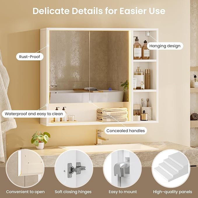 Hasuit Lighted Medicine Cabinet with Mirror and Shelves, Modern Bathroom Medicine Cabinet with Open Storage, Aluminum Channel LED Lights, 35.4'' x 30.7'', White