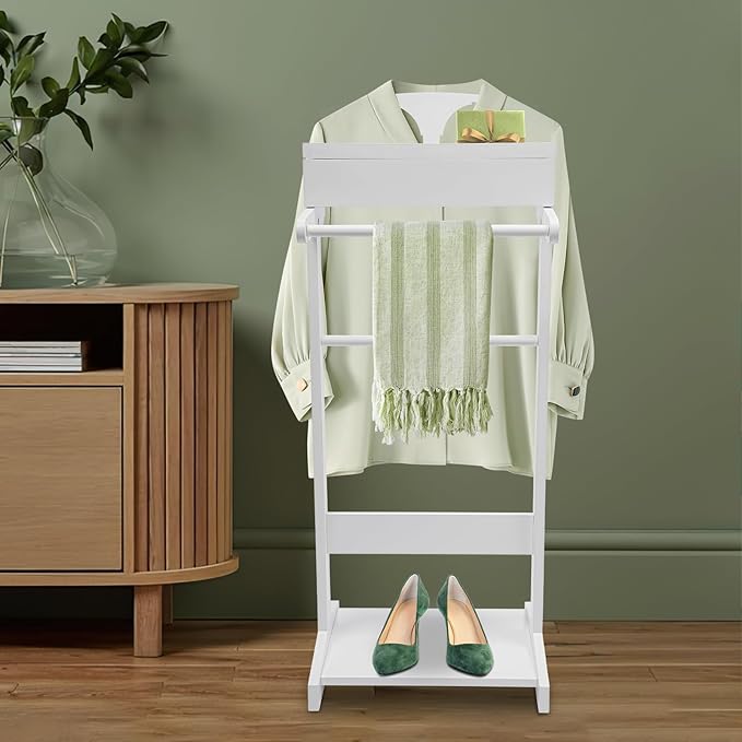 Valet Stand for Men, Freestanding Wooden Suit Clothes Stand with Drawer & Tray, Clothes Valet Stand for Man Women, Modern Garment Rack, Storage Organizer for Bedroom, Entryway (White)