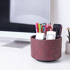 Hennaja Round Leather Art Supply Organizer,Remote Control Holder,360 Degree Spinning,Multi-Functional Pencil Holder,4 Compartments Desktop Stationary Organizer(1-Carved Dark Brown)