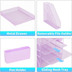 Desk Organizer, 5-Tier Paper Letter Tray Organizer with File Holder, Drawer and Pen Holder, Desktop Organizer for Office Supplies, Purple