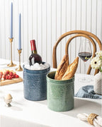 Kitchen Utensil Holder, 7 Inches Large Ceramic Utensil Holder for Countertop, Lace Emboss Cooking Utensil Crocks for Kitchen, Home Decor, Reactive Blue