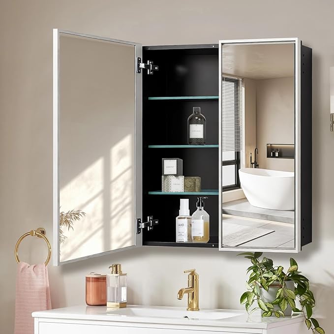 Medicine Cabinet with Aluminum Framed Mirror,36"x32" Surface Mount or Recessed Mount Bathroom Vanity Mirror,Single Door Bathroom Mirror with Storage Cabinet