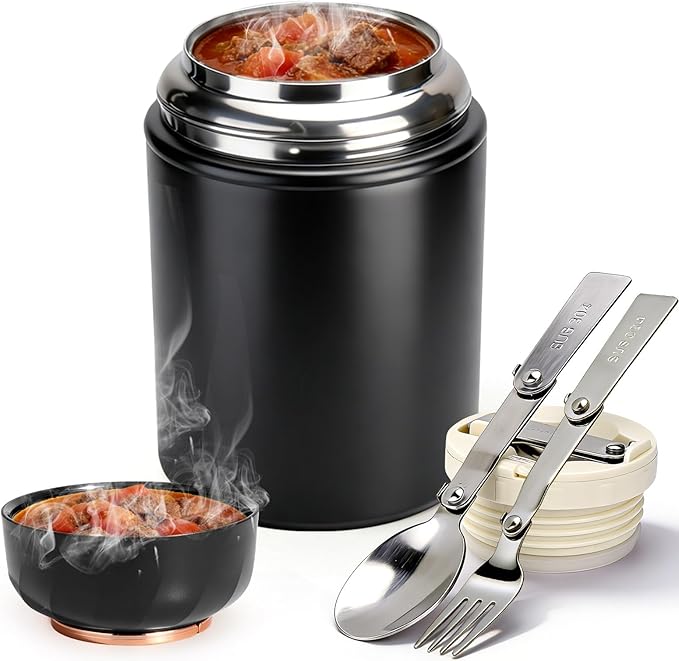 Juome Thermo for Hot Food, 17oz Soup Thermo Lunch Box for Adults, Insulated Vacuum Food Jar Container with Spoon&Fork, Leak Proof Stainless Steel Wide Mouth Thermo for Hot & Cold Foods, Drinks (Black)