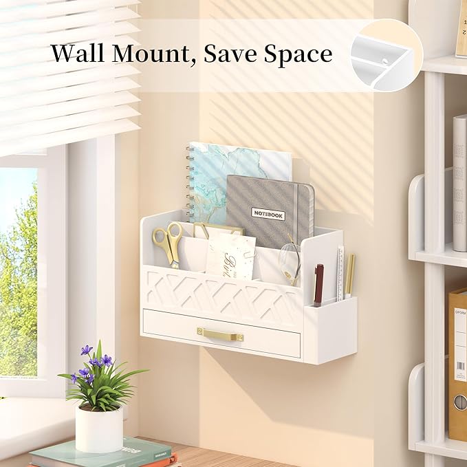 Wooden Desk Organizer,Desktop Organizer File Sorter for Office Supplies, Mail Organizer with Drawer,Desk Accessories & Workspace Organizers for Women （White）