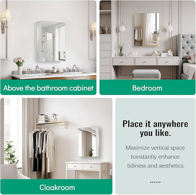 14 x 18 Medicine Cabinet Mirror, Mount or Recessed Bathroom Mirror with Storage, Aluminum Framed Medicine Cabinet with Adjustable Shelves for Bathroom Vanity Modern Farmhouse