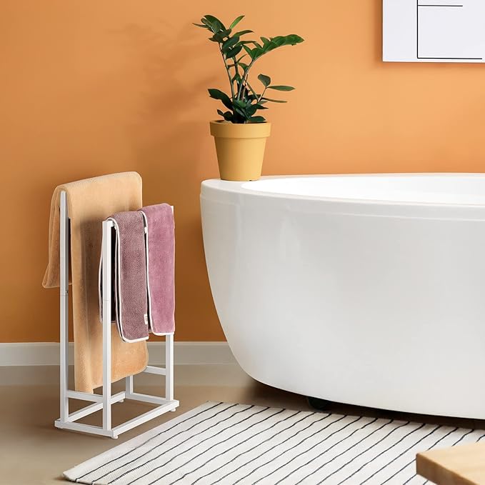 Freestanding Towel Racks for Bathroom 2 Tier Hand Towel Drying Rack Metal Blanket Towel Holder Stand for Bedroom Indoor Outdoor Pool Small Blanket Rack (Matte White)