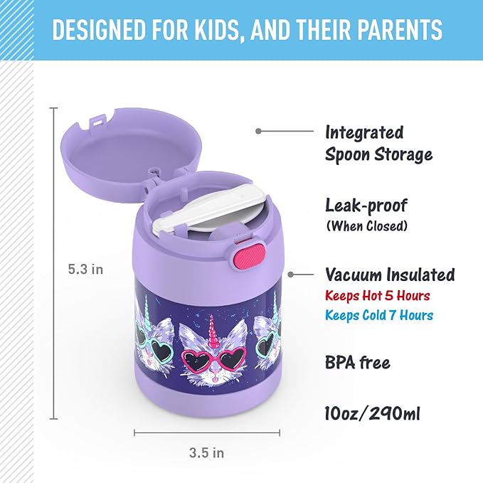 THERMOS FUNTAINER Insulated Food Jar, 10 Ounce, Kid Friendly Food Jar with Foldable Spoon, Cool Caticorns