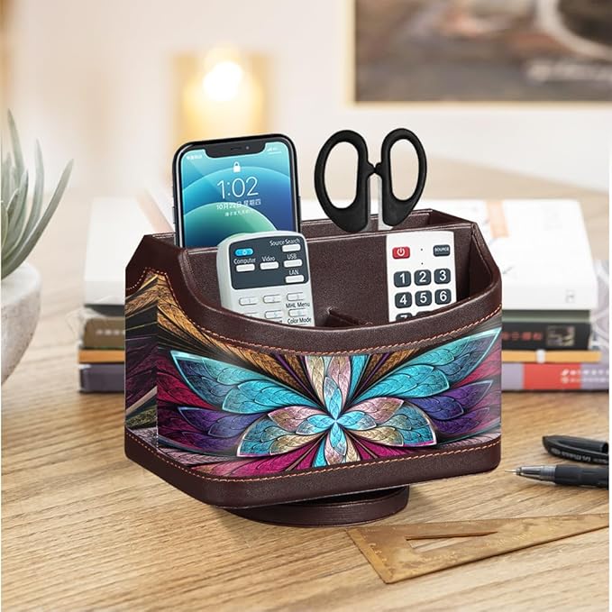 Fanousy 360° Rotating Remote Control Holder, PU Leather TV Remote Caddy Organizer Basket Storage Box with 5 Compartments for Pen, Pencil, Art Supplies, Makeup Brush, Office Desk Table Accessories