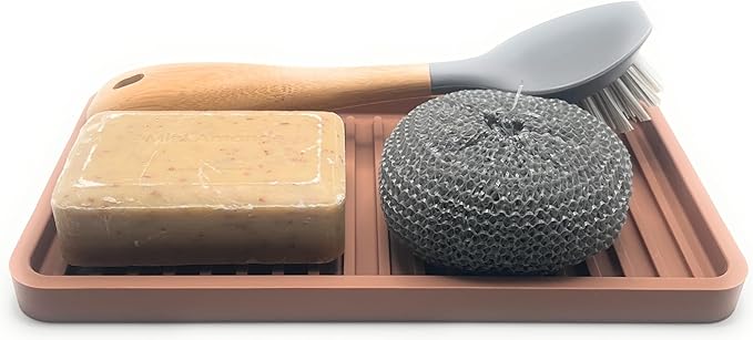 Happitasa Silicone Kitchen Sink Organizer Tray, Sponge Holder and Countertop Protector | Bathroom and Kitchen Soap Dish and Dispenser Tray (Mocha, 10"x5.25", 10.4 Ounces)