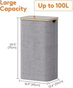 Lifewit 100L Laundry Basket with Lid, Clothes Hampers for Laundry with Bamboo Handles and 1 Removable Bag, Large Foldable Laundry Hamper for Bedroom, Bathroom, Dorm, Laundry Room, Light Gray