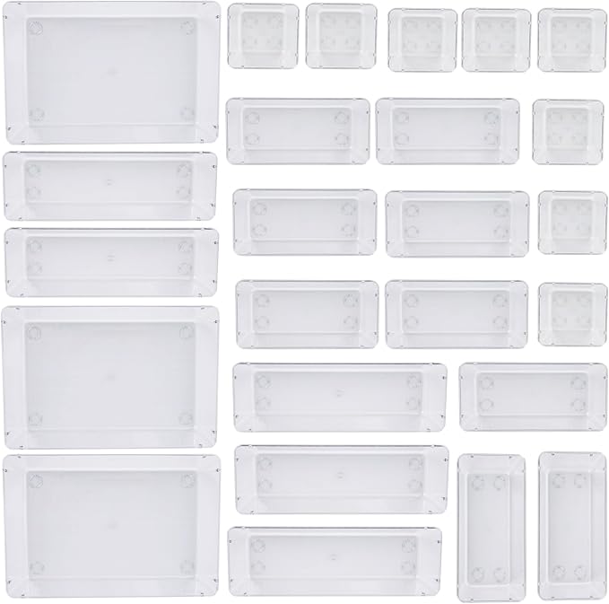 25 PCS Clear Plastic Drawer Organizer Set,Vanity Organizer Storage Bins Containers,4 Size Desk Drawer Organizer Tray