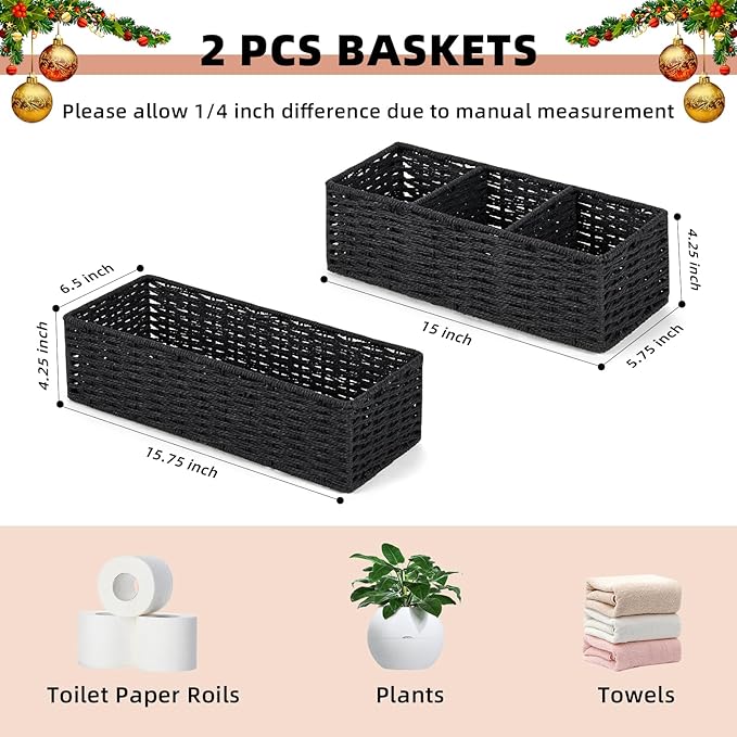 DULLEMELO Toilet Paper Basket for Organizing, Paper Rope Bathroom Baskets, Decorative Storage Bins for Countertop Bathroom Shelves, Set of 2,Black
