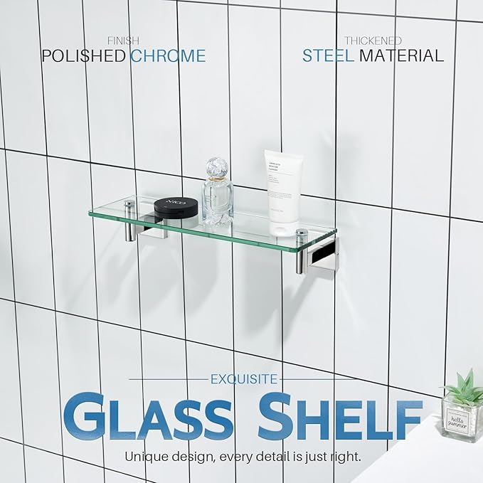 KOKOSIRI Bathroom Shelves Wall Mounted Floating Glass Shelf Polished Stainless Steel 16-Inch Hanging Rack for Storage/Room Decor 2 Pack B1105CH-L16-P2
