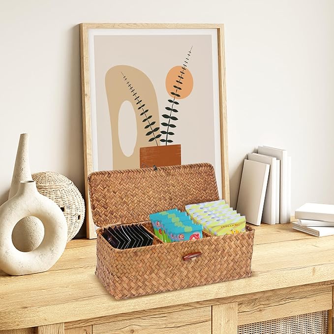 Seagrass Tank Basket with Lid with Rectangular Small Shelf Baskets Bin, Toilet Paper Basket with 3 Sections for Organize,Home Organizer Bin for Shelves Bathroom Closets Kitchen