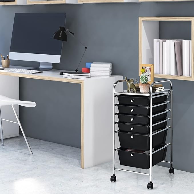 GOFLAME 6-Drawer Rolling Storage Cart, Multifunctional Art Craft Organizer, Mobile Utility Storage with Removable Drawers & Lockable Wheels, Craft Cart for Home Office, School, Black