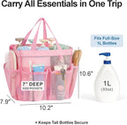 F-color Mesh Shower Caddy Portable, Upgrade Deeper 7 Pockets Shower Bag Basket Tote for College Dorm Room Toiletry Bathroom Essentials Gym Camp Quick Dry 2 handles with S Hook, Pink