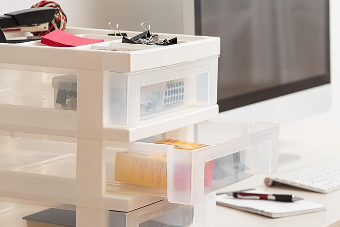 IRIS USA Plastic Drawer Storage Organizer Rolling Cart, with Wheels Casters, 7-Drawers, for Art Craft Supplies Bathroom Dorm Bedroom Laundry Room, White/Clear