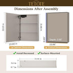 TETOTE 24 x 32 Medicine Cabinet with Lights, Adjustable Shelves, Silver Aluminum Cabinet, Anti-Fog Stepless Dimmable 3 Colors White/Warm/Natural, Easy to Install(Wall Mount/Recessed)