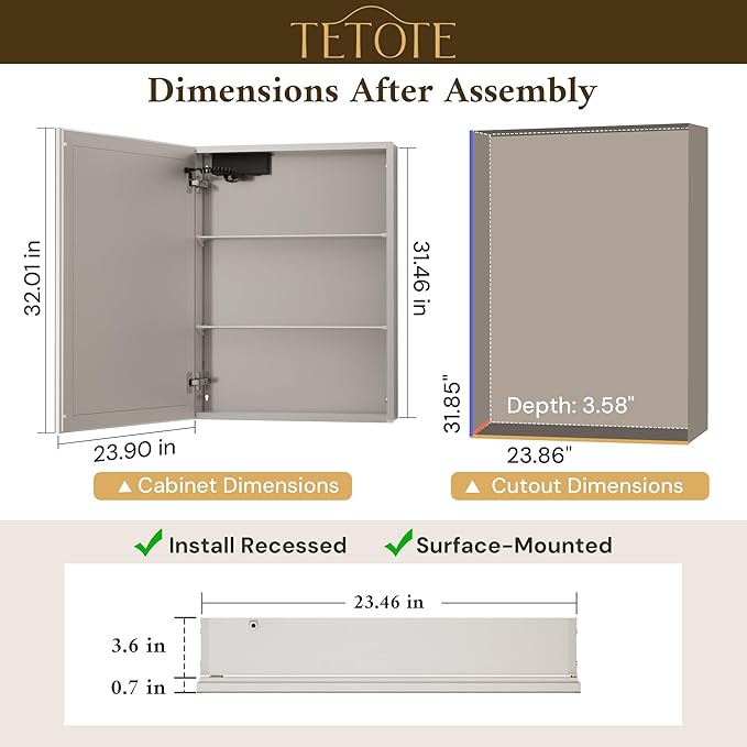 TETOTE 24 x 32 Medicine Cabinet with Lights, Adjustable Shelves, Silver Aluminum Cabinet, Anti-Fog Stepless Dimmable 3 Colors White/Warm/Natural, Easy to Install(Wall Mount/Recessed)