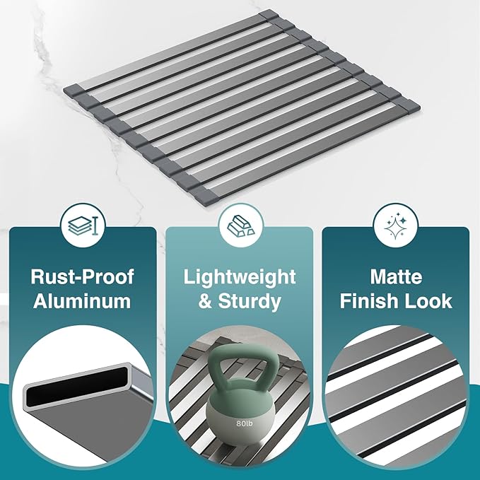 Aluminum Roll Up Dish Drying Rack Over The Sink, 17.7" x 13.4" Rust-Proof Foldable Dish Drainer Mat, Heat Resistant Trivet & Kitchen Sink Cover, Fits Sinks up to 16.8" Wide, Matte Gray