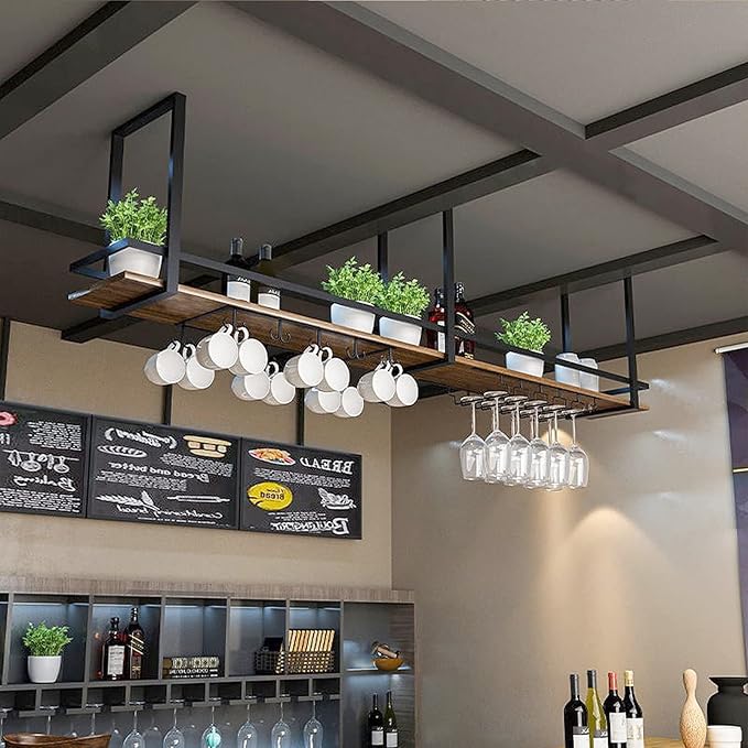 Ceiling Wine Glass Holder - Hanging Wine Rack, Ceiling Mounted Storage Rack, Wrought Iron Solid Wood Bar Display Rack, LOFT Hanging Decorative Rack(120X30X50CM)