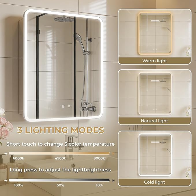 22 x 28 LED Bathroom Medicine Cabinet, Rounded Corner Aluminum Frame Lighted Mirror Cabinet with 3-Color Dimmable Lighting, Memory Function & Anti-Fog, Recessed or Surface Mount Installation