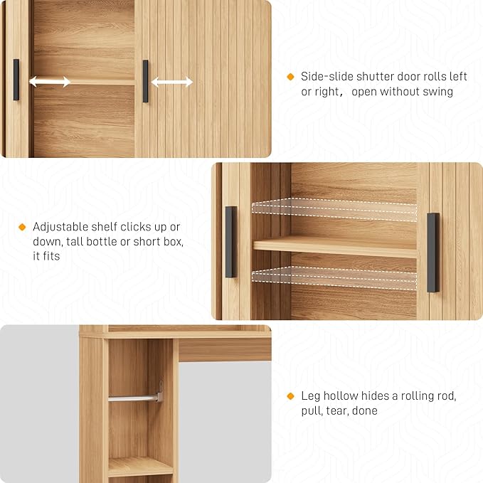 Over The Toilet Storage Cabinet,Farmhouse Toilet Cabinet Rack with 2 Tambour Sliding Doors and Toilet Paper Holder Stand，Toilet Shelf Space Saver with Towel Rack for Bathroom, Restroom, Laundry
