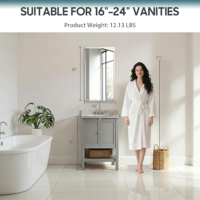 Plastic Bathroom Medicine Cabinet Mirror 16x28 inch, Recessed Medicine Cabinet or Surface Wall Mount Bathroom Cabinets with Adjustable Shelves, Beveled Edge Mirror Cabinet
