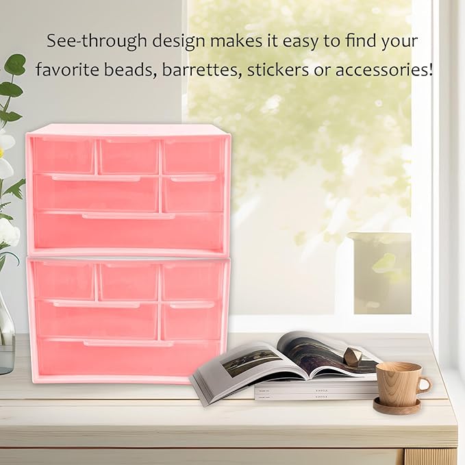 Mini Desk Drawer Organizer with 6 Clear Drawers - 7" x 3.9" x 4.7" Small Plastic Storage Box for Office, Classroom, Crafts, and Home Desktop Organization