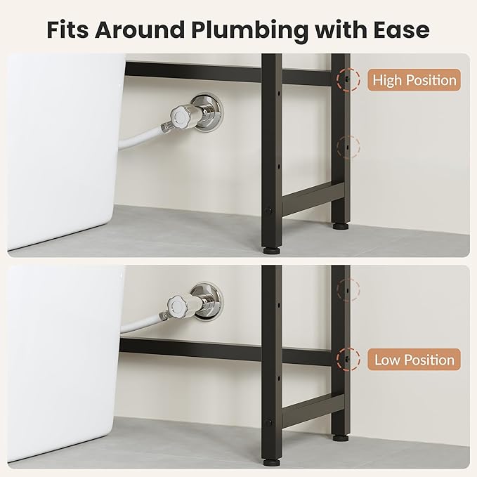 Over The Toilet Storage Rack, Bathroom Organizer with 3 Shelves & Basket, Space Saver Over Toilet Shelf with Adjustable Hooks,Black