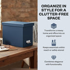 Bigso John Fiberboard Label Frame Desktop File Storage Box - Document Organizer for Important Paperwork - Durable Hanging File Box with a Lid & Metal Label Window - 7.36 x 13.38 x 10.51 in - Blue