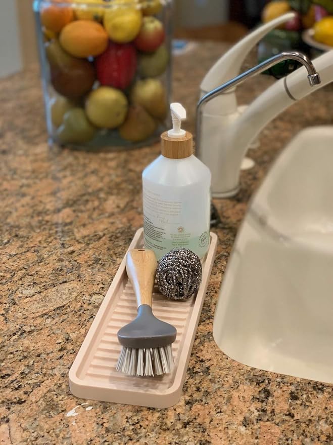 Happitasa Silicone Kitchen Sink Organizer Tray, Sponge Holder and Countertop Protector | Bathroom and Kitchen Soap Dish and Dispenser Tray (Sand Dollar, 12"x4")